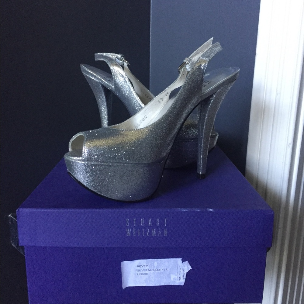Stuart Weitzman Silver Mimi Glitter slingback